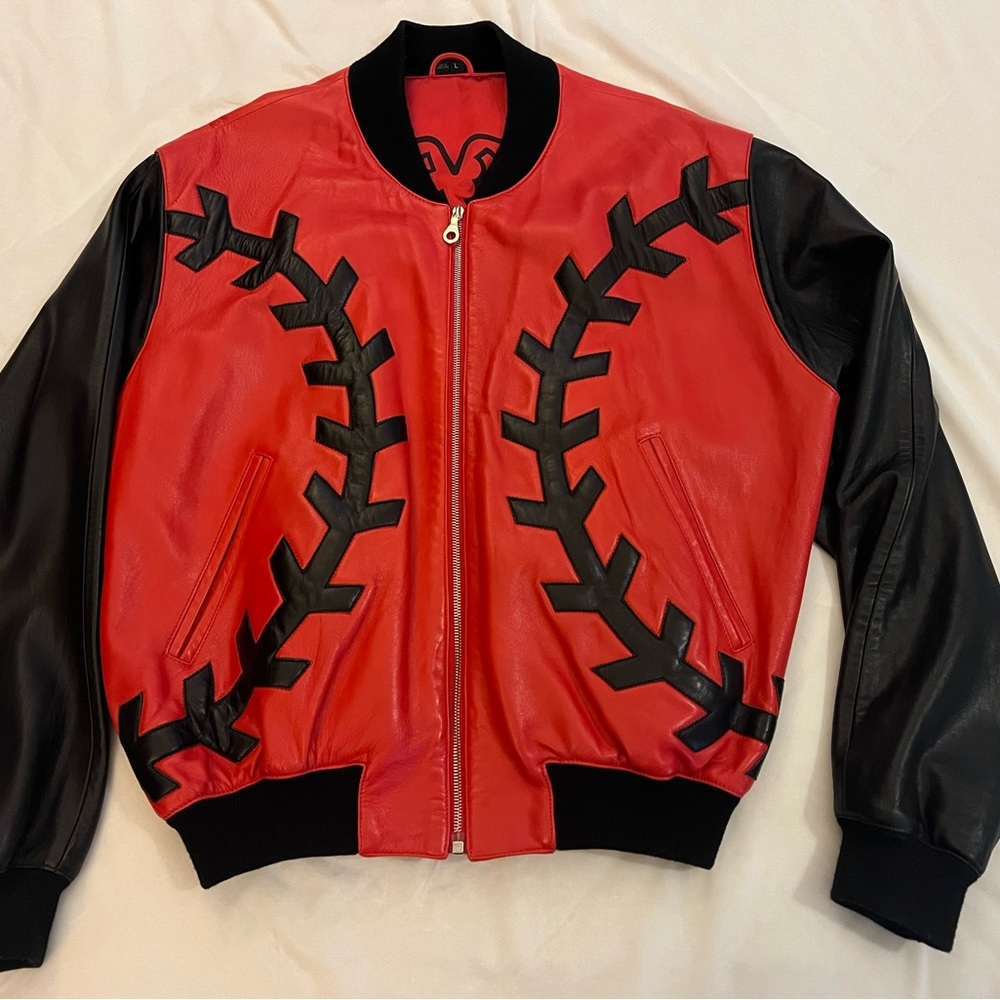 Michael Hoban Red and Black Leather Baseball Jacket